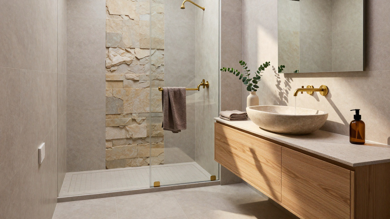 Modern bathroom with stone vessel sink, wooden vanity, glass shower enclosure, and gold fixtures.