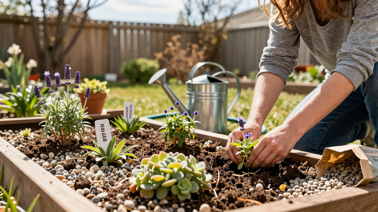 Person planting small purple flowers in a raised garden bed with a watering can in the background.