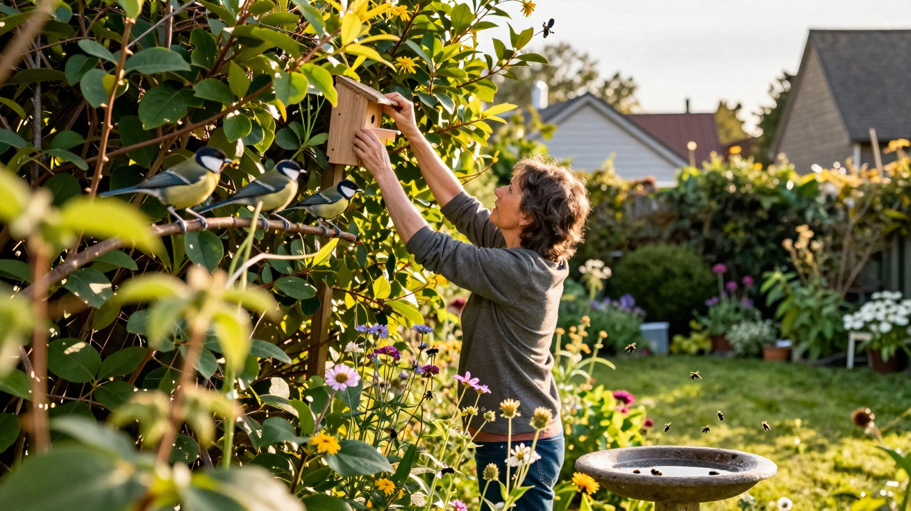 Person hanging a wooden birdhouse on a leafy garden fence surrounded by flowers and birds.