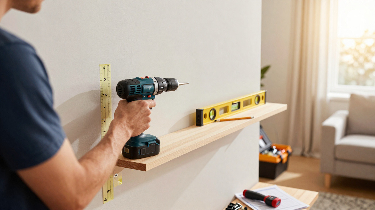 Person using a cordless drill to install a wooden shelf with a spirit level and ruler on a beige wall.