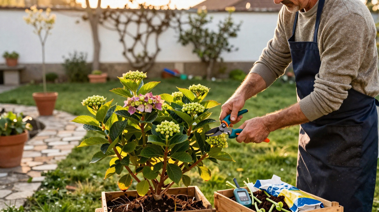 Person pruning a flowering plant in a wooden box in a garden during golden hour sunlight.