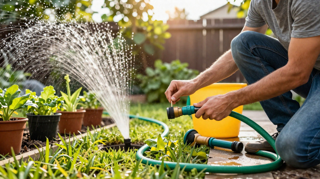 Person adjusting garden hose with sprinkler watering plants in a sunlit garden.