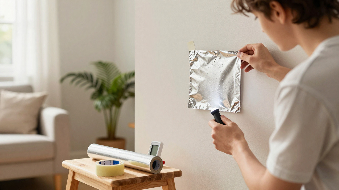 Person taping a reflective foil square to a wall indoors with a flashlight in hand and tools on a stool nearby.
