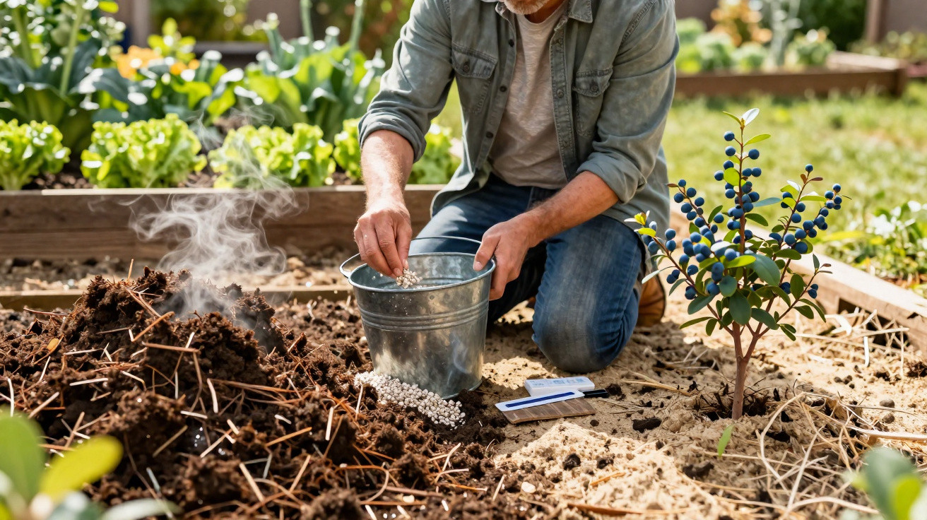 Person kneeling in a garden fertilising soil with a bucket of pellets near a young fruit-bearing shrub.