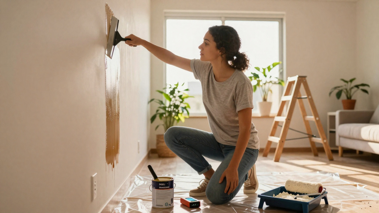 Woman kneeling and painting a wall brown in a bright room with plants and a ladder in the background