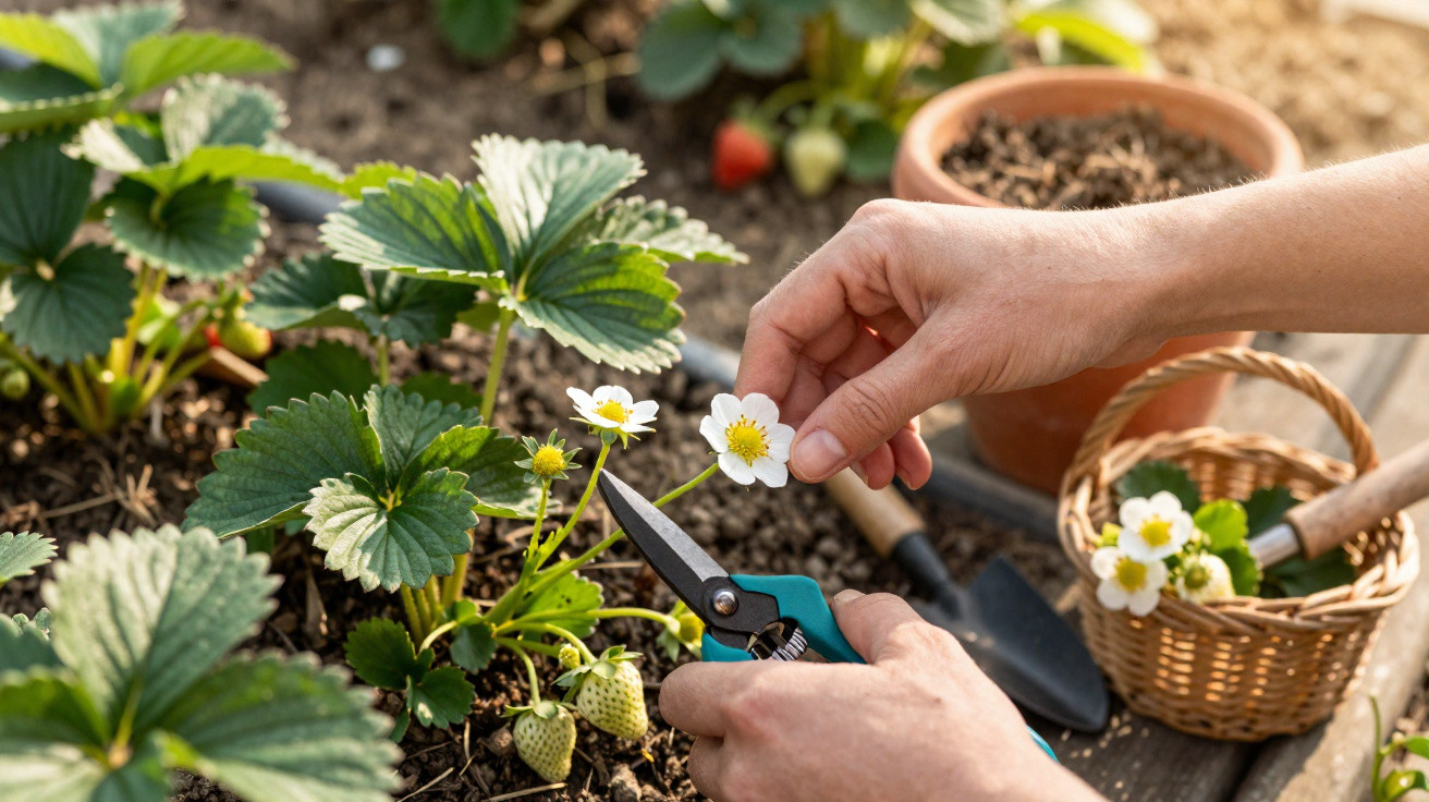 Hands pruning white strawberry flowers in a garden bed with gardening tools and a wicker basket nearby.