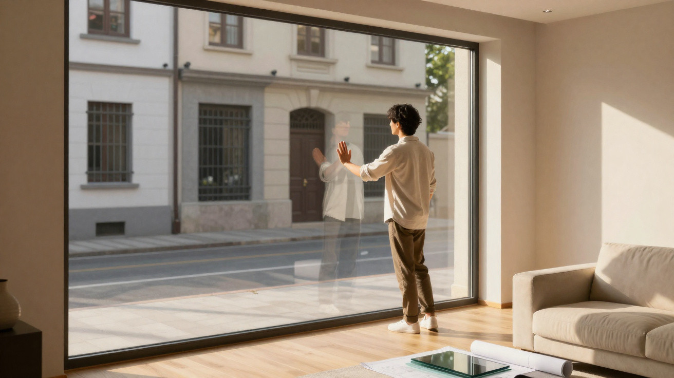 Man standing indoors looking out of a large window onto a quiet street outside on a sunny day.
