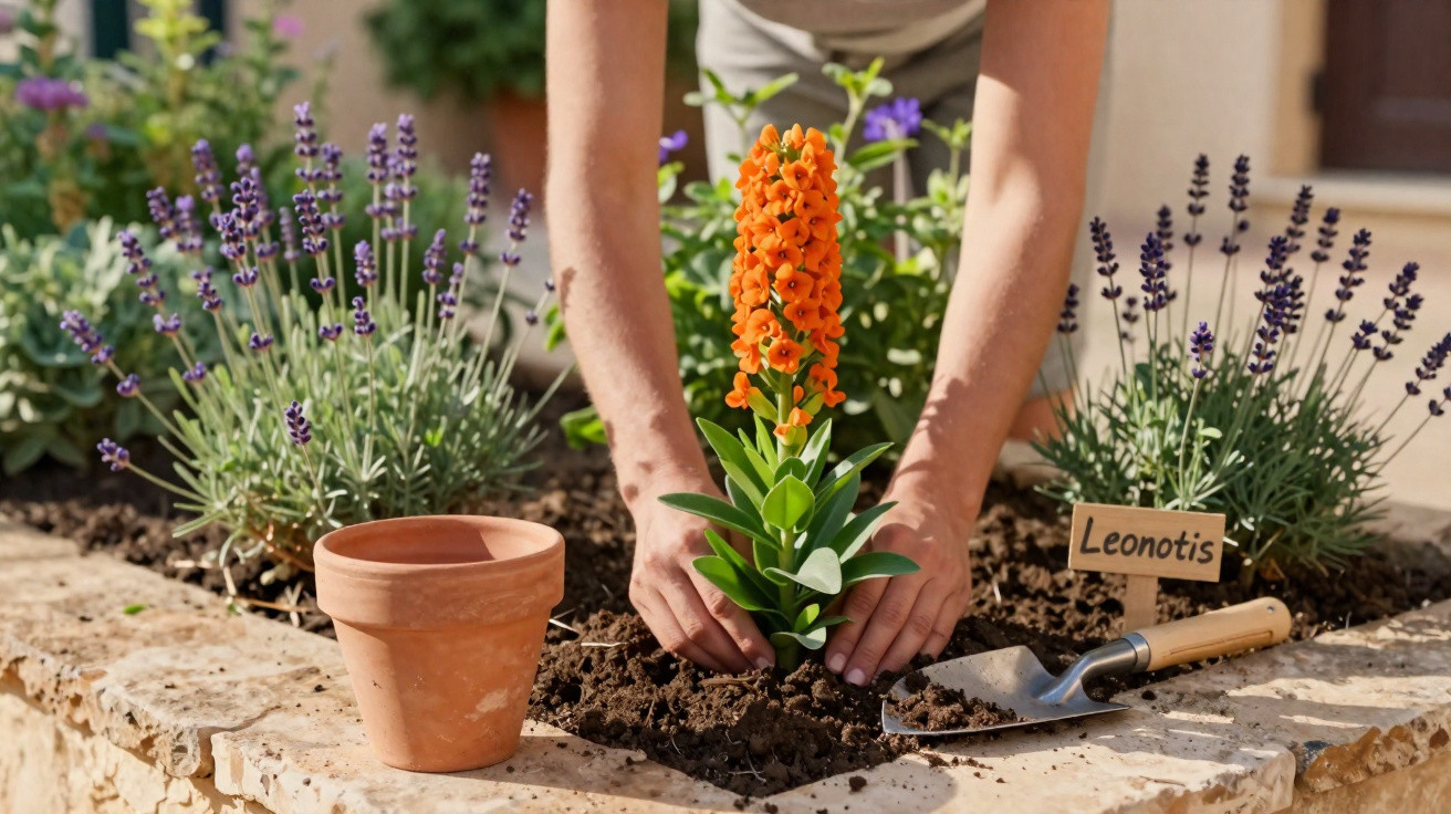 Hands planting a bright orange Leonotis flower in a garden bed surrounded by lavender plants and a terracotta pot.