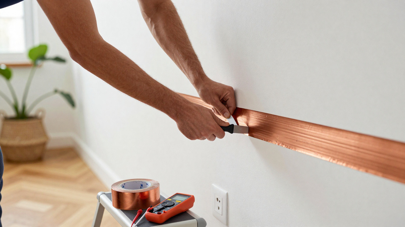 Person applying copper tape to wall with a tool, next to an electrical tester and copper tape roll.