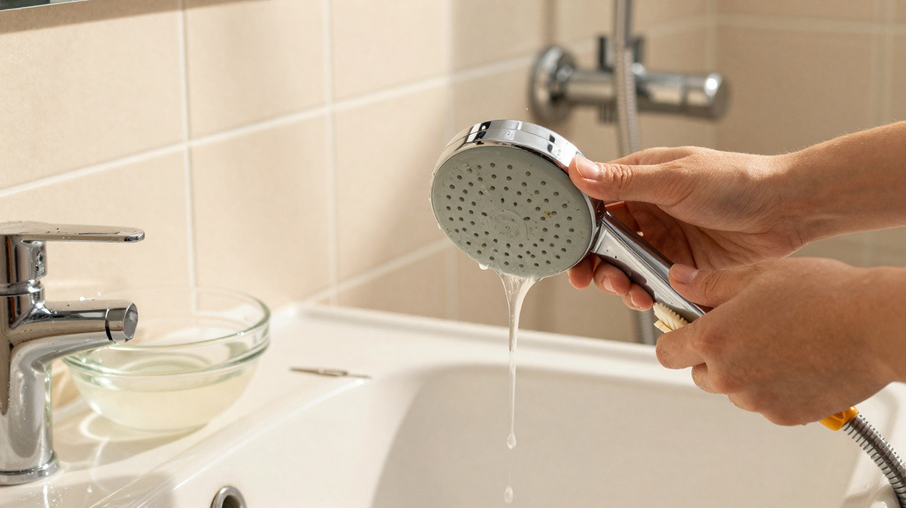 Hands holding a showerhead with water dripping, above a white bathtub and a sink with a glass bowl.