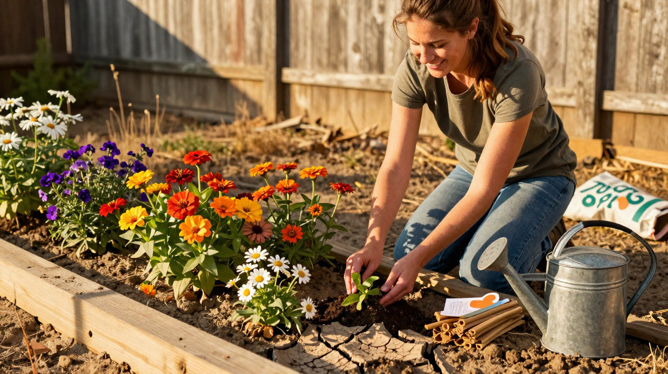 Woman planting flowers in a garden bed with a watering can and gardening tools beside her.