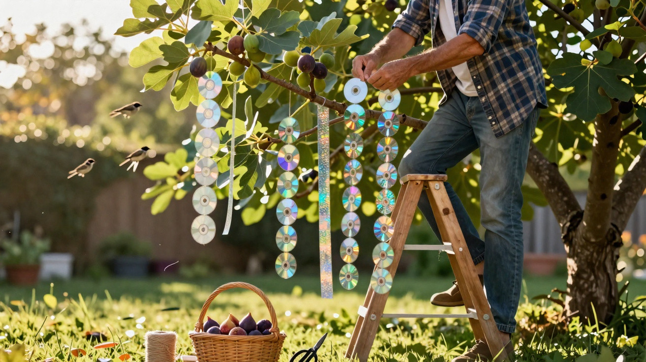 Person hanging CDs from a tree to deter birds near a basket of ripe figs in a sunny garden.
