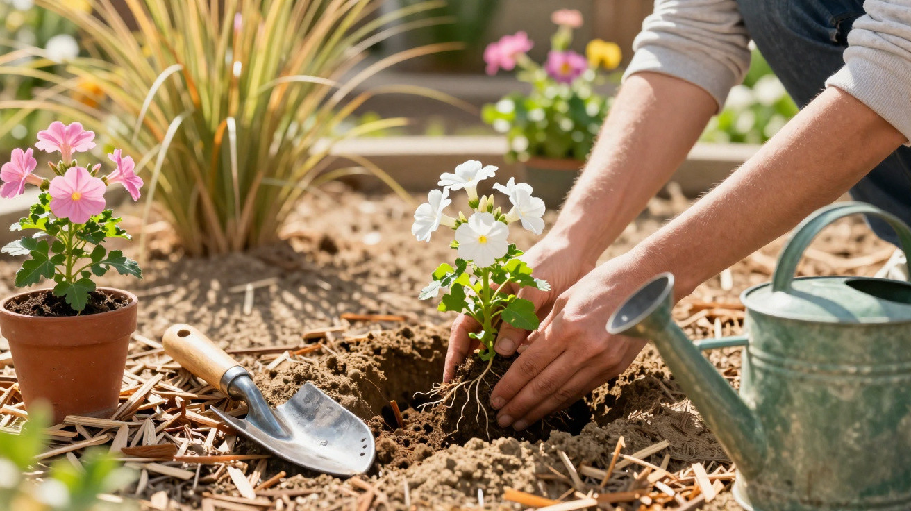 Person planting a white flowering plant in soil with gardening tools and a watering can nearby.