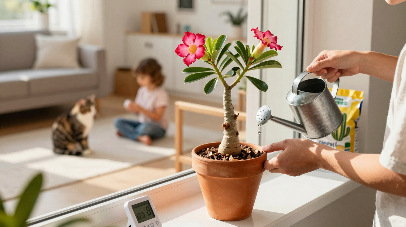 Person watering a pink-flowered desert rose plant on a windowsill with a child and cat blurred inside.