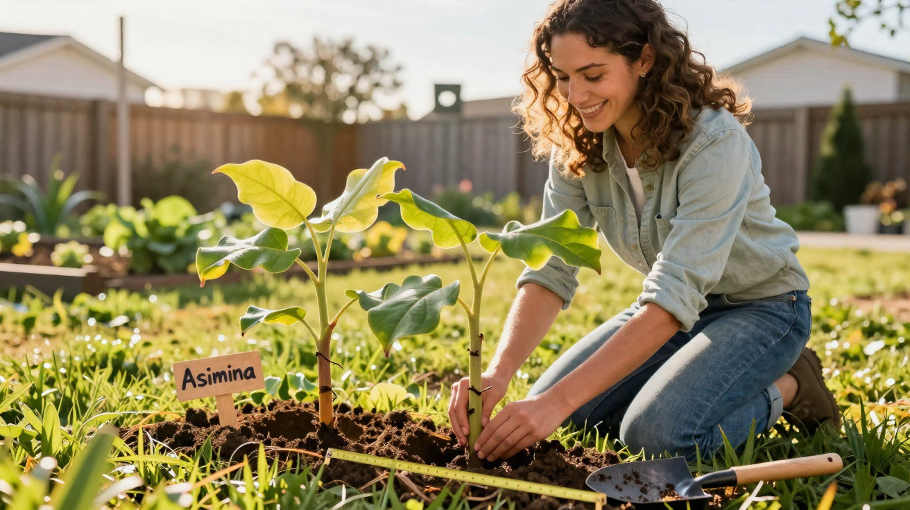 Woman planting young asimina trees in a sunny community garden with a small spade nearby.
