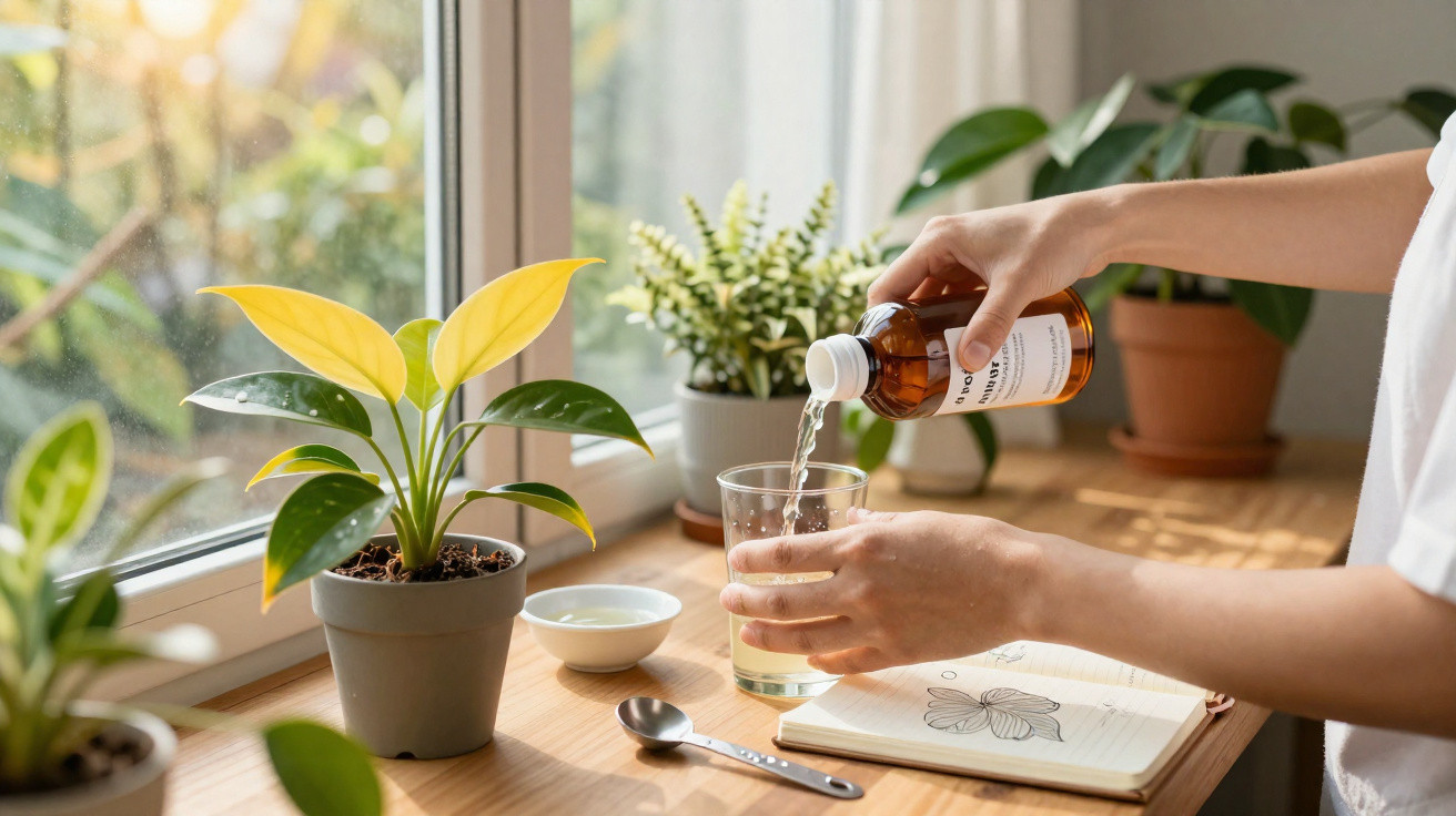Person pouring liquid from brown bottle into glass on wooden table with potted plants and notebook by window
