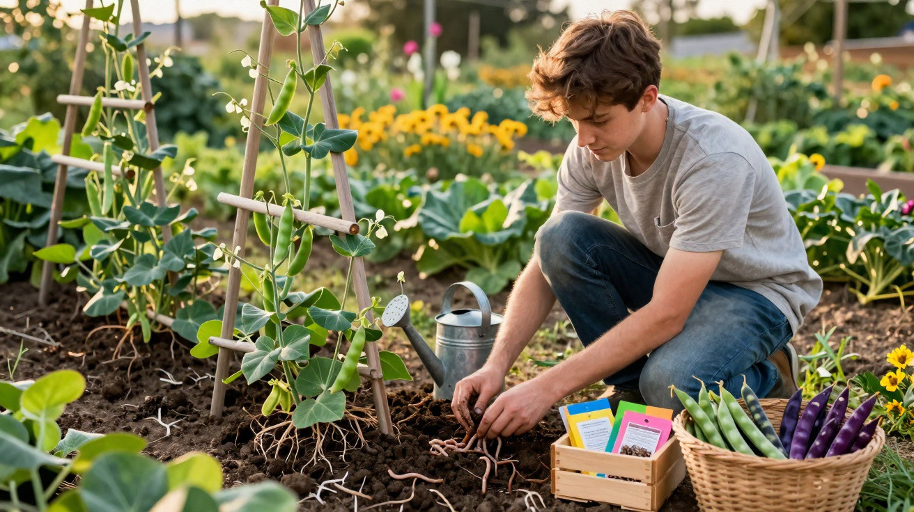 A young person planting seeds in a garden with green plants, a watering can, and baskets of pods nearby.