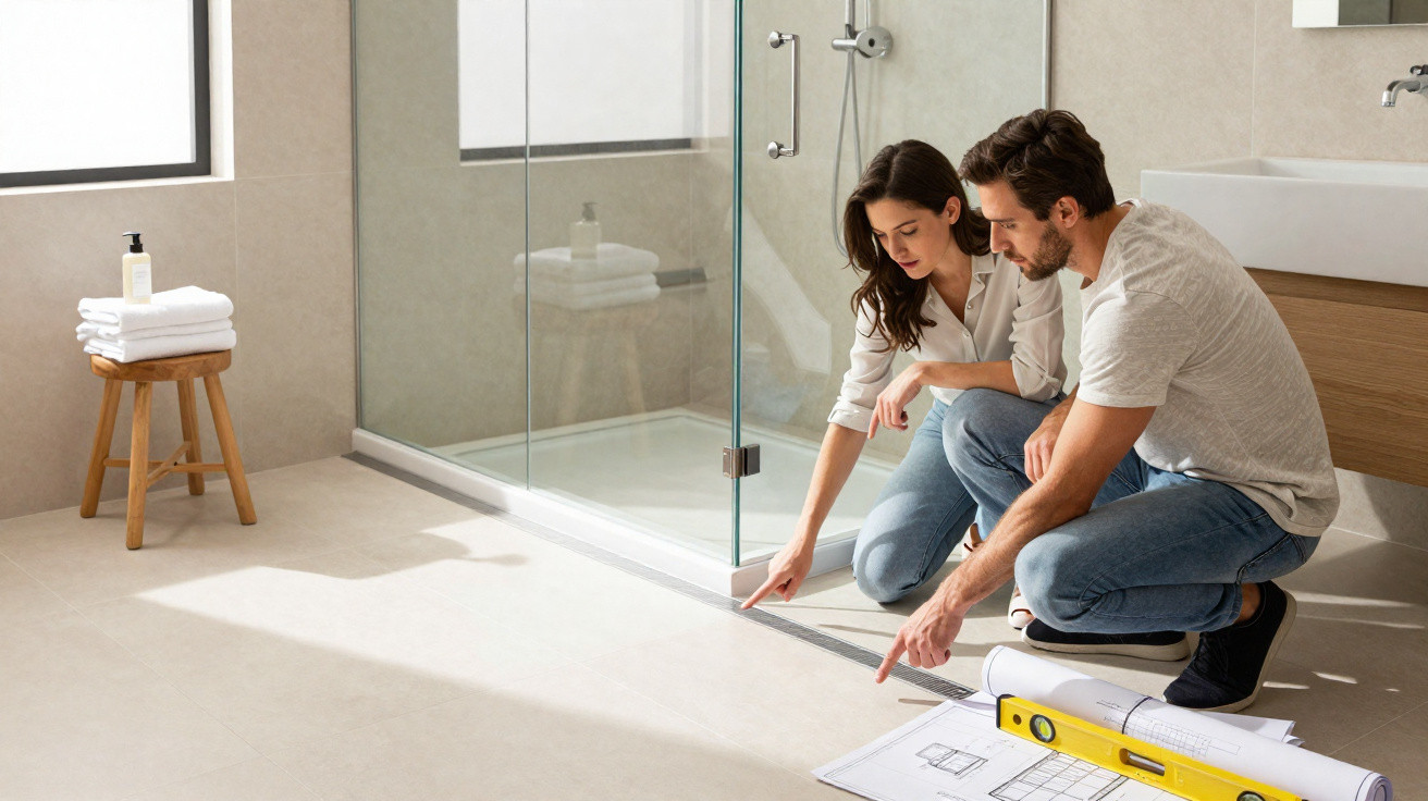 Couple kneeling in bathroom, pointing at floor plans and measuring near a glass shower enclosure.
