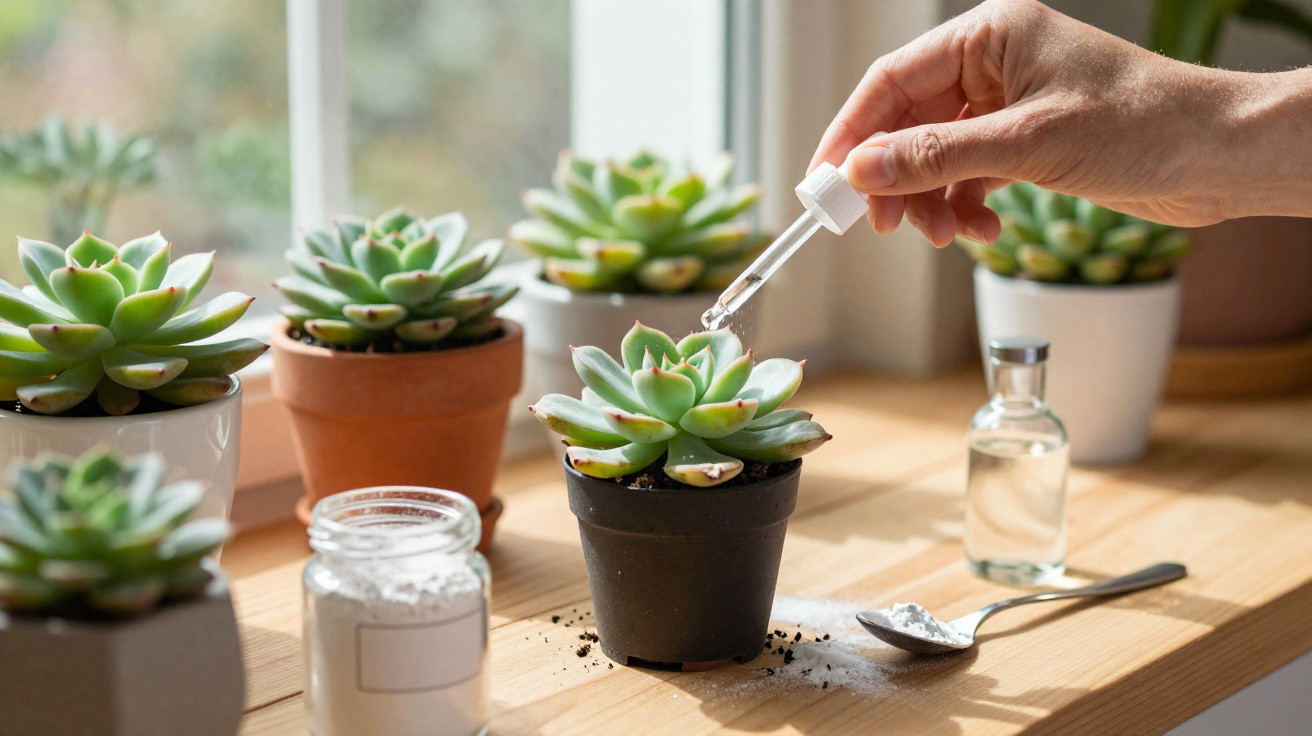 Hand using dropper to apply liquid to a small potted succulent on a wooden windowsill with other succulents.