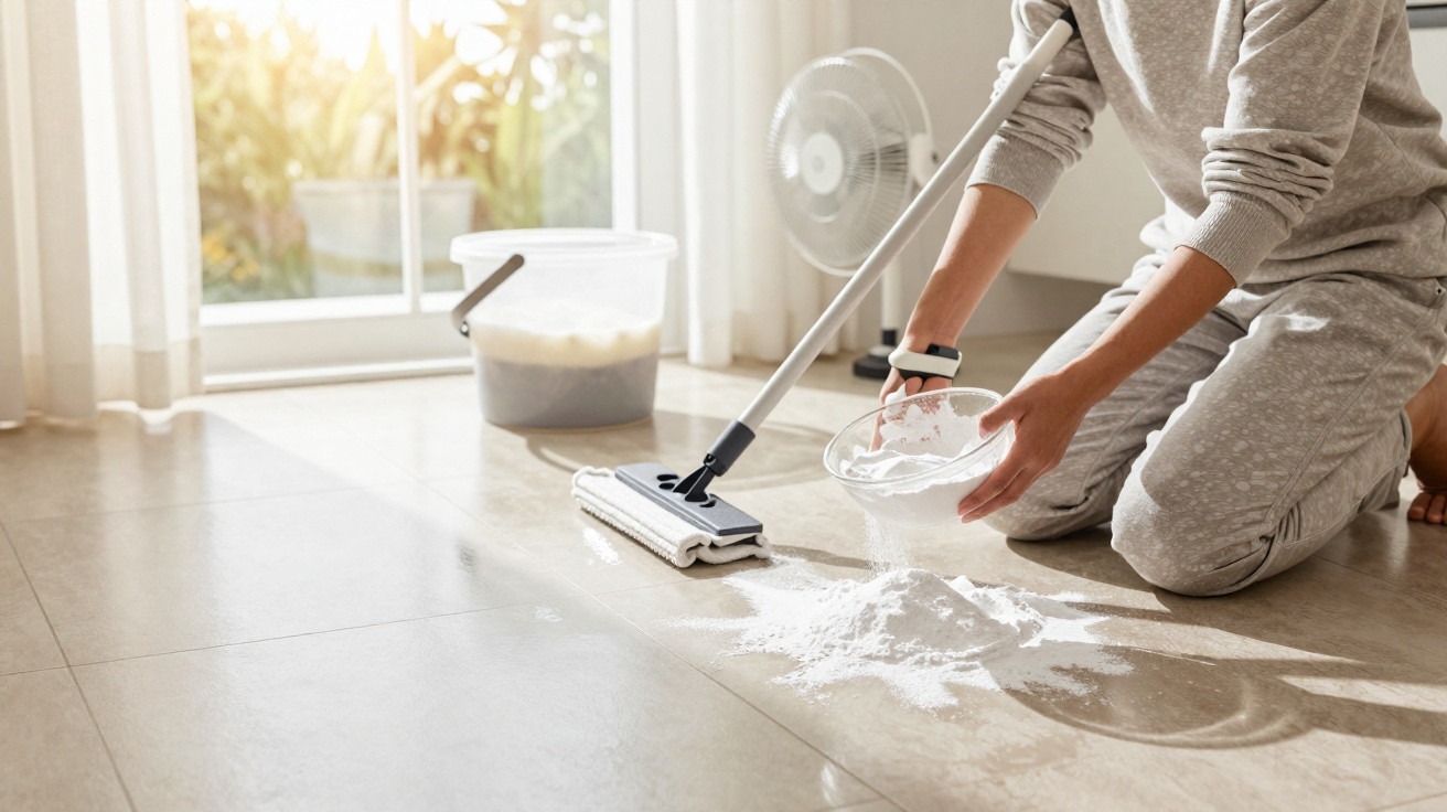 Person in grey loungewear kneeling on floor, pouring cleaning powder onto tiles near mop and bucket.