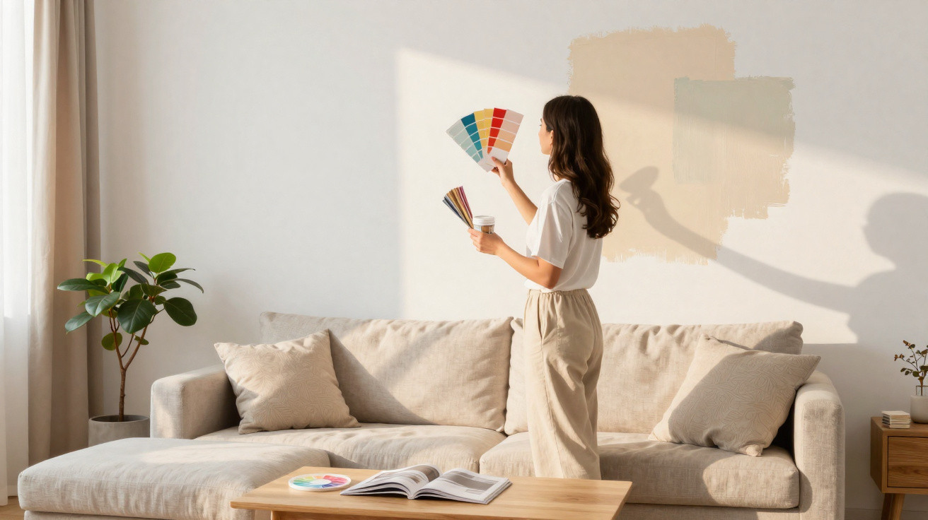 Woman standing in a bright living room holding paint swatches, comparing colours on a white wall above a beige sofa.