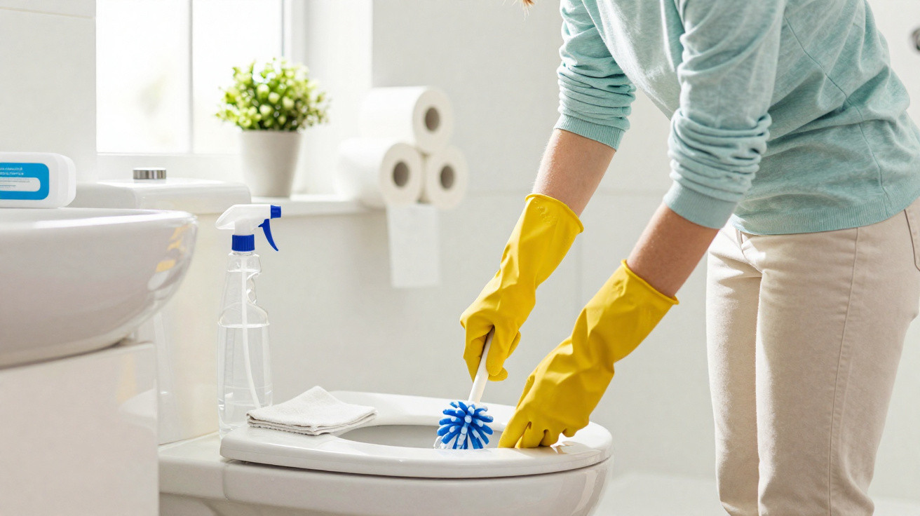 Person wearing yellow gloves cleaning a toilet with a blue brush in a bright bathroom.
