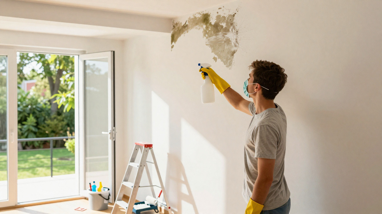 Person wearing gloves and mask spraying mould on a white wall in a sunlit room with an open door.