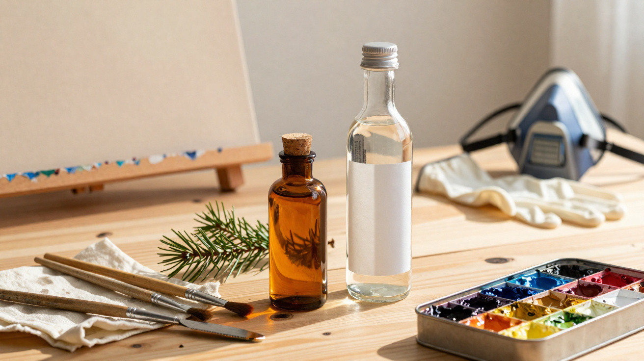 Paintbrushes, glass bottles, watercolor palette, gloves, and protective mask on a wooden table in an artist's studio.