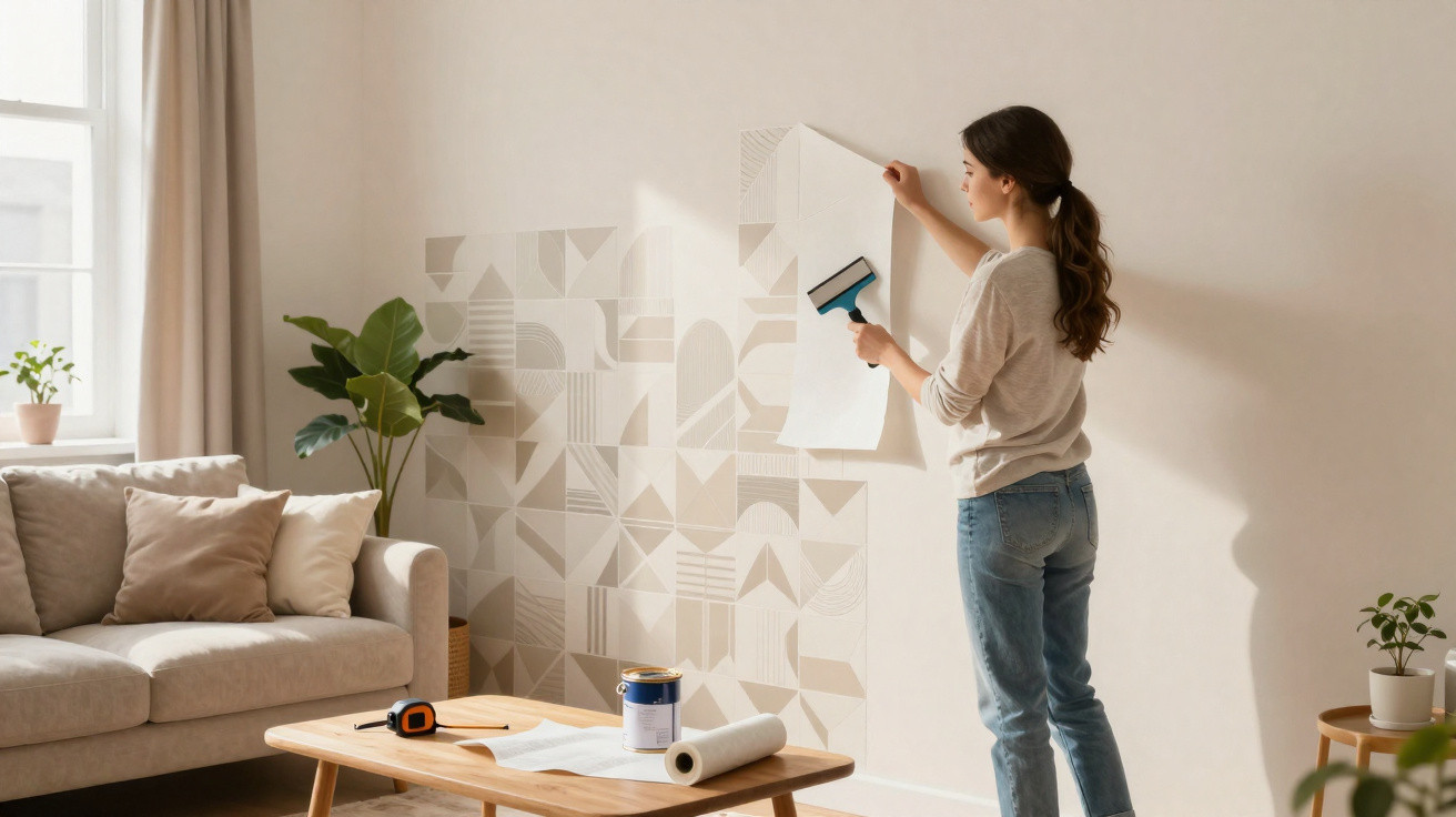 Woman applying geometric patterned wallpaper on a living room wall next to a sofa and coffee table.
