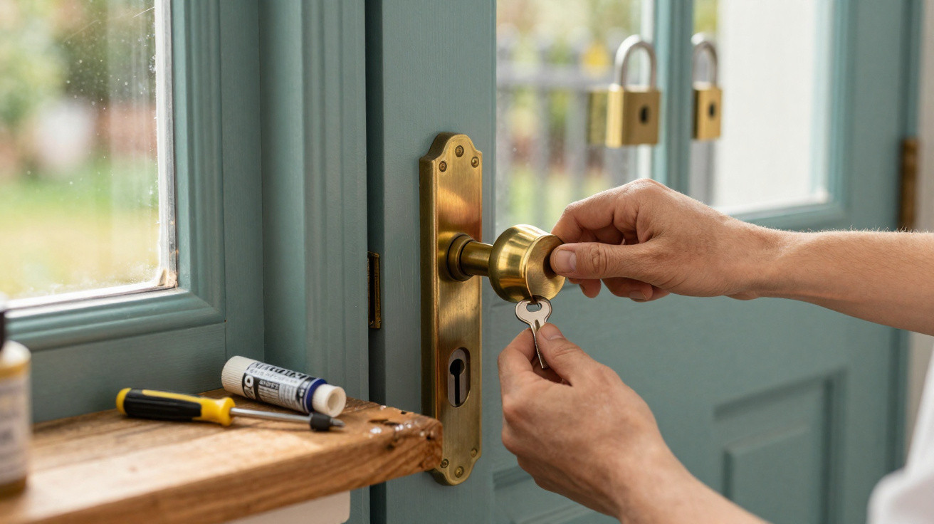 Person holding a key near a brass door knob on a light blue wooden door with tools on a nearby shelf.