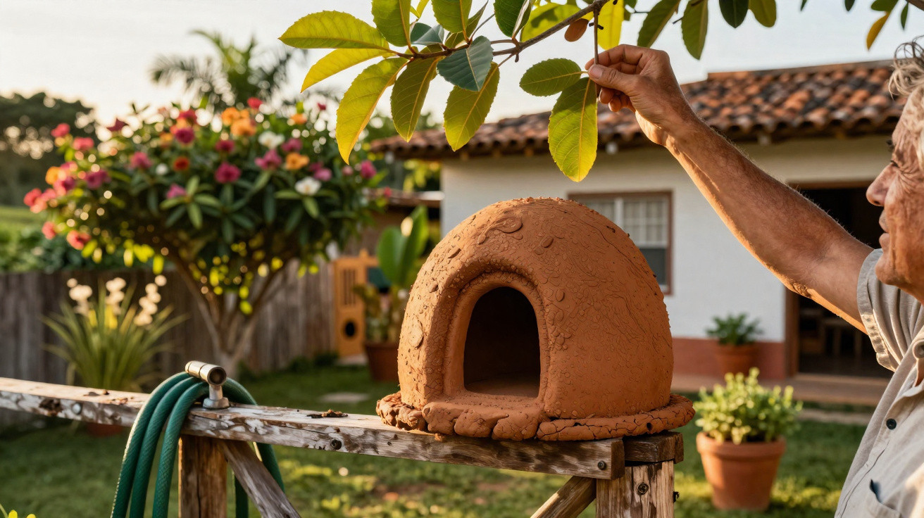 Handcrafted clay birdhouse on wooden railing with person adjusting nearby leaves in sunny garden.