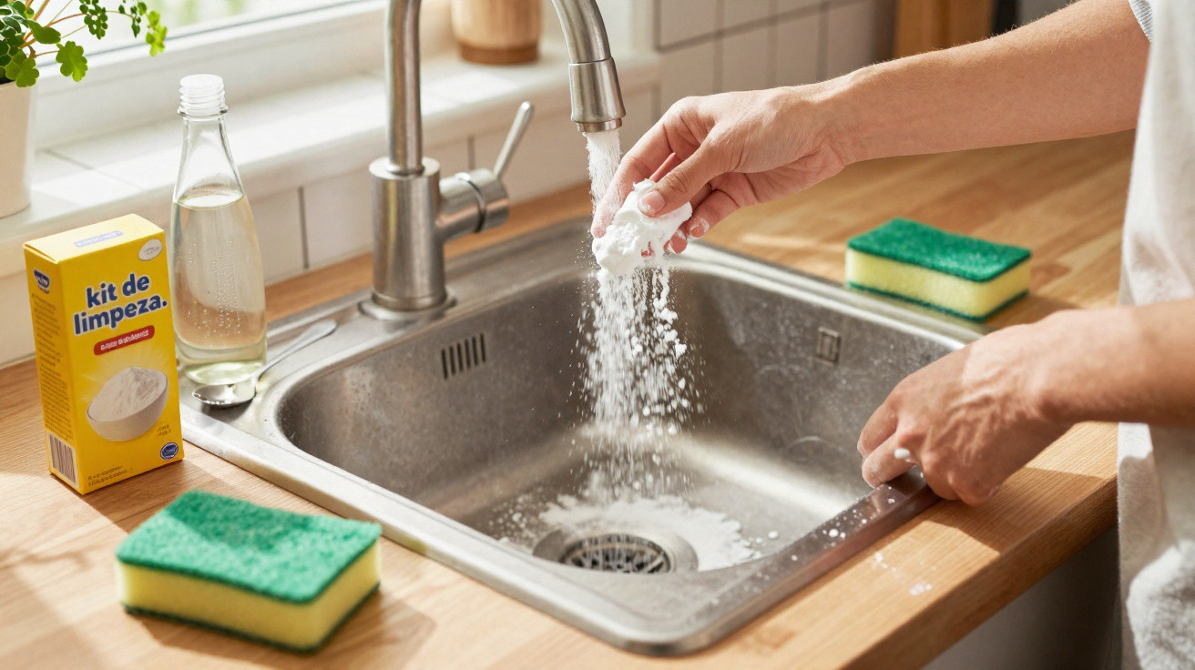 Person pouring powder cleaner into a stainless steel kitchen sink with sponges and cleaning supplies nearby.