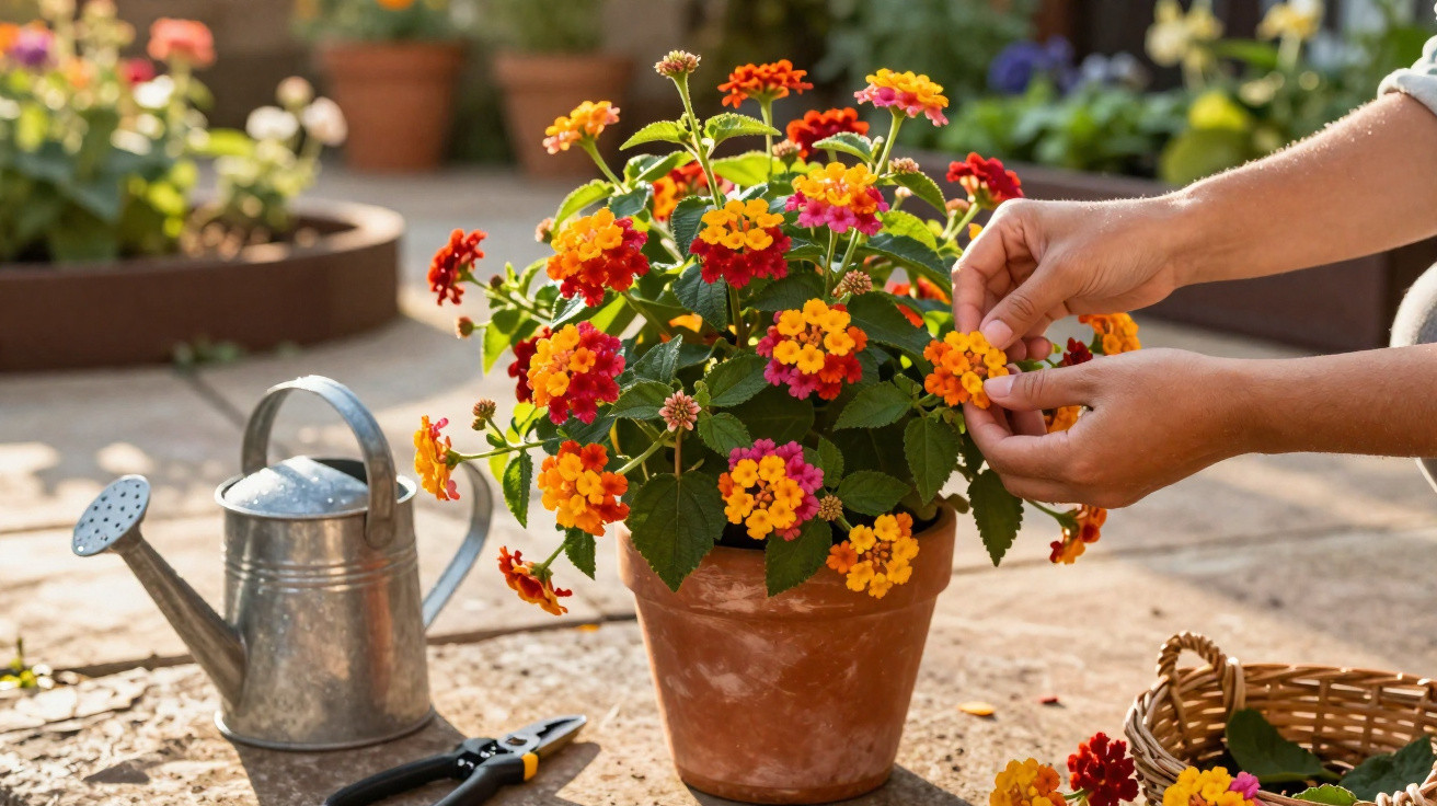 Hands tending to orange and red flowers in a terracotta pot on a sunny patio with gardening tools nearby