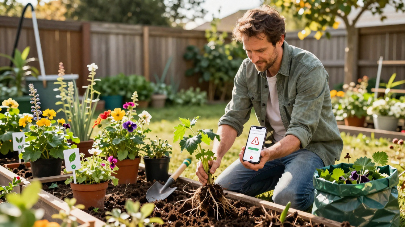 Man gardening in a raised bed holding a plant and a smartphone with a plant care app open in a sunny garden.