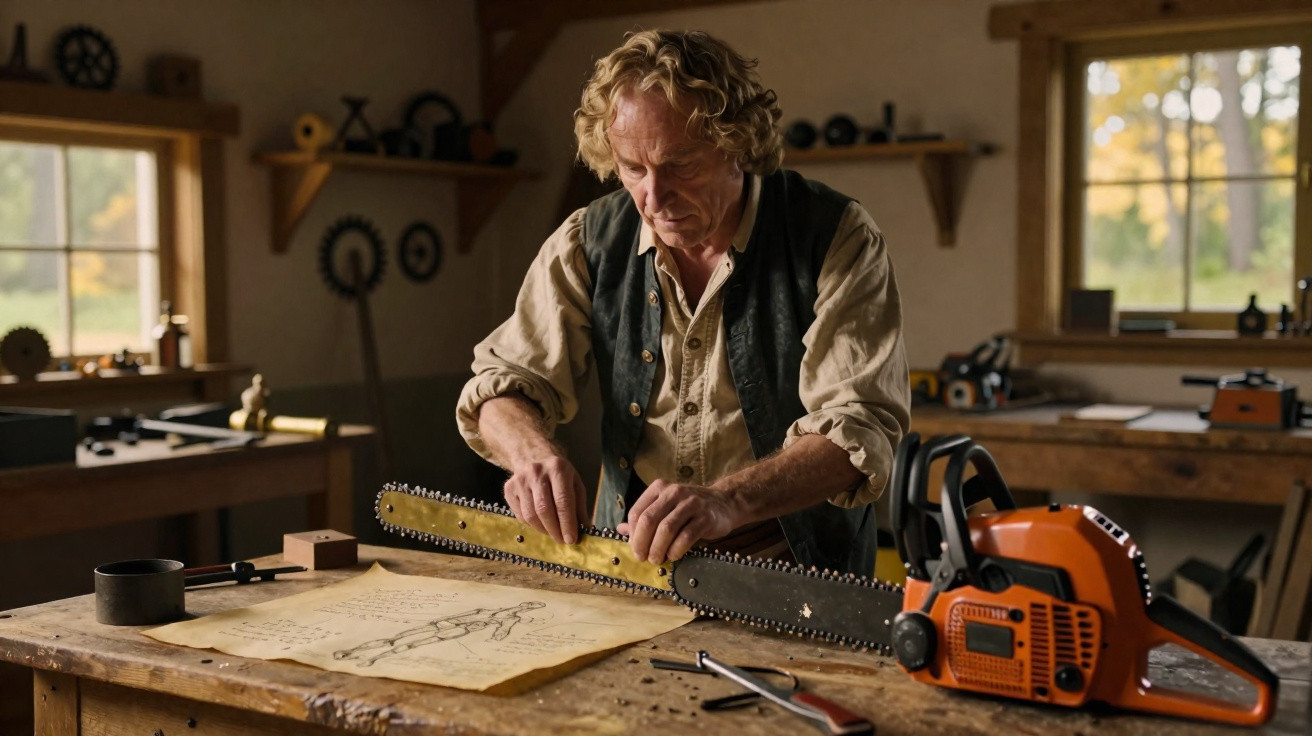 Middle-aged man in a workshop adjusting a chainsaw blade over a wooden table with drawings and tools.
