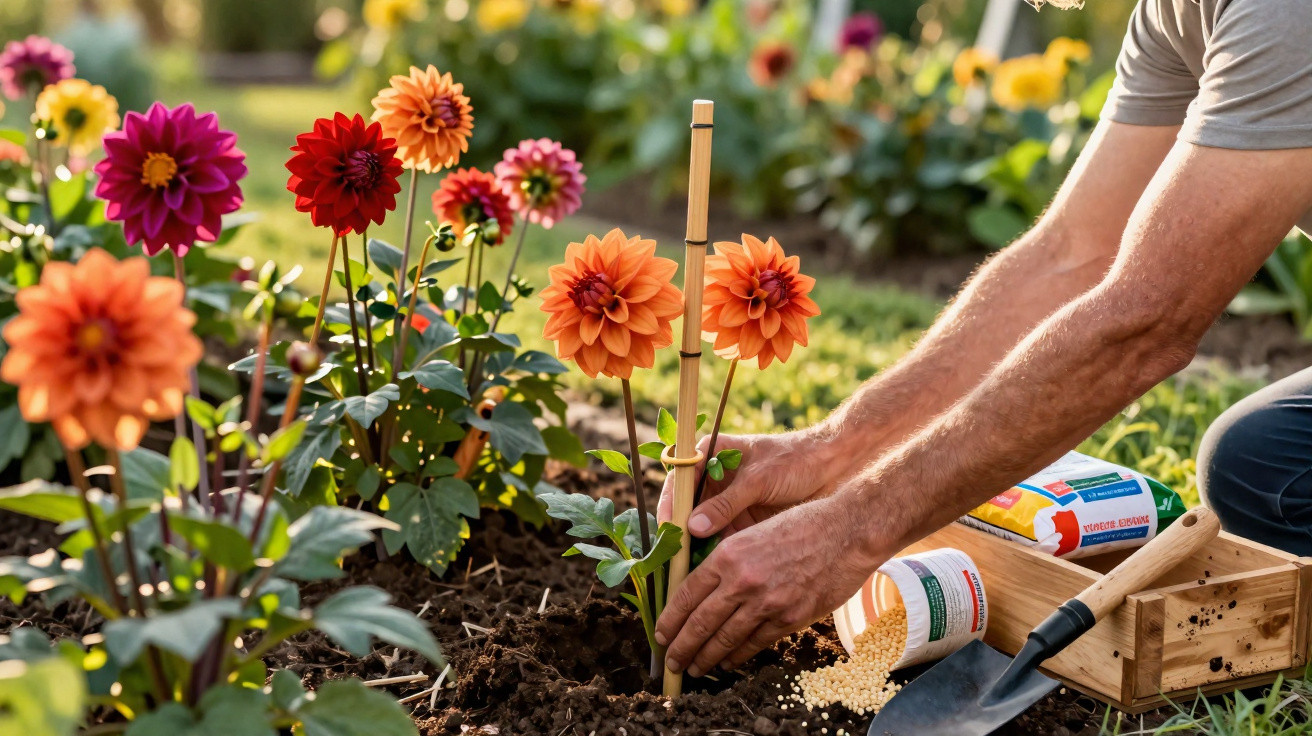 Person planting and staking orange dahlia flowers in a garden bed on a sunny day.