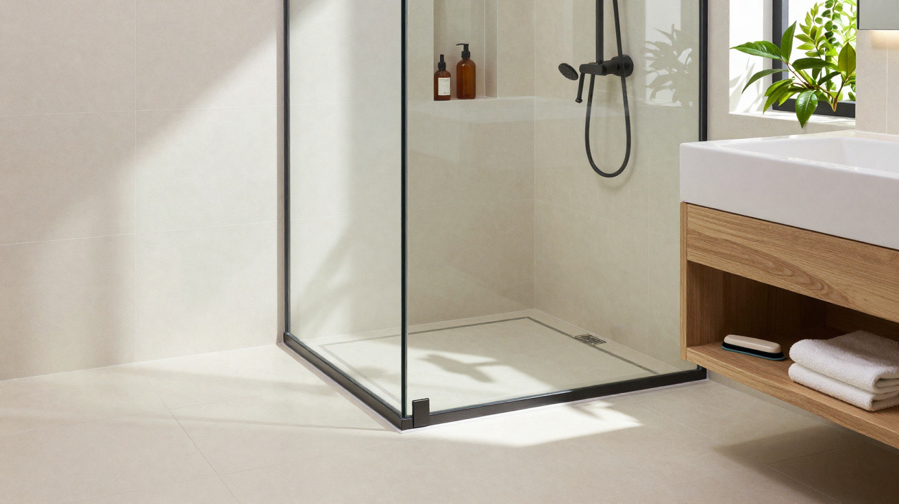 Modern bathroom corner with glass shower enclosure, black showerhead, wooden vanity, and folded towels.