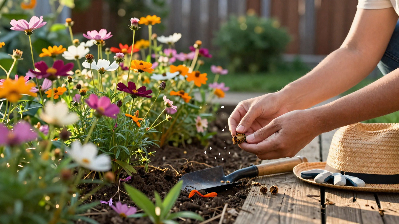 Person planting seeds in a flower garden bed near colourful blooming flowers and a straw hat on wooden decking.