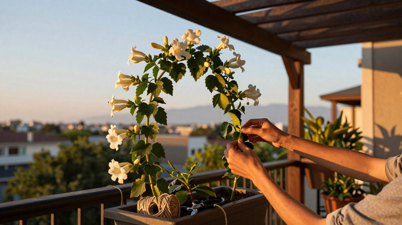 Person arranging white flowering plant trained into arch shape on balcony at sunset