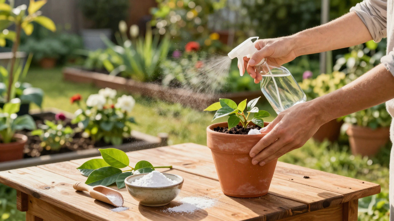 Hands spraying water on a potted plant on a wooden table outdoors in a garden setting