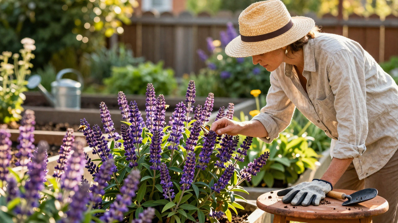 Woman wearing a straw hat tending purple lupine flowers in a sunny garden with gardening tools nearby