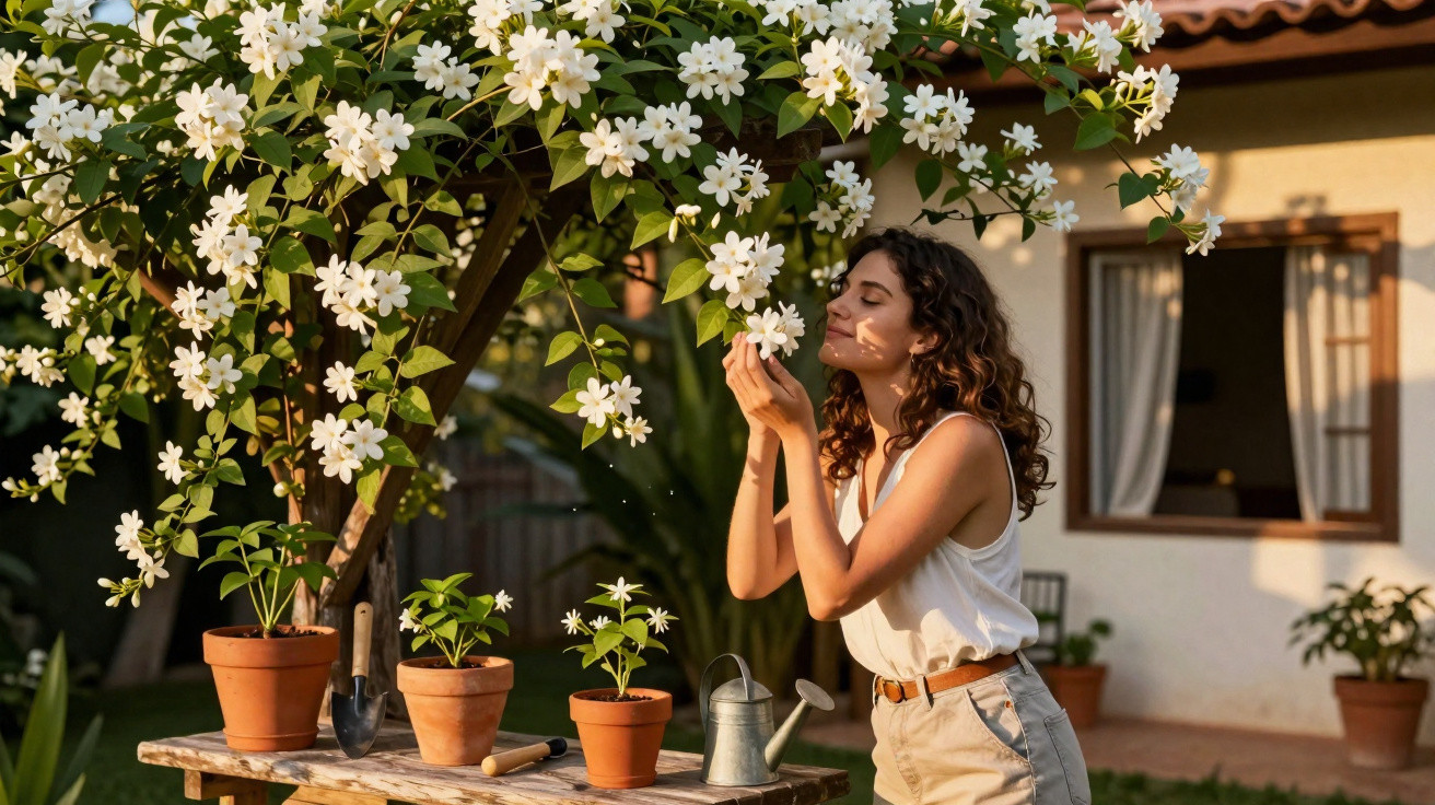 Woman smelling white flowers under a tree in a garden with potted plants on a wooden table.