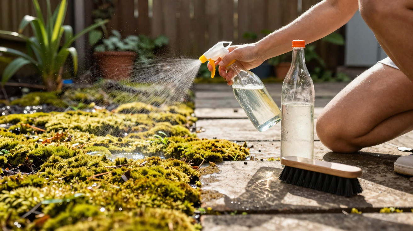 Person spraying water from a spray bottle onto moss growing between paving stones in a garden.