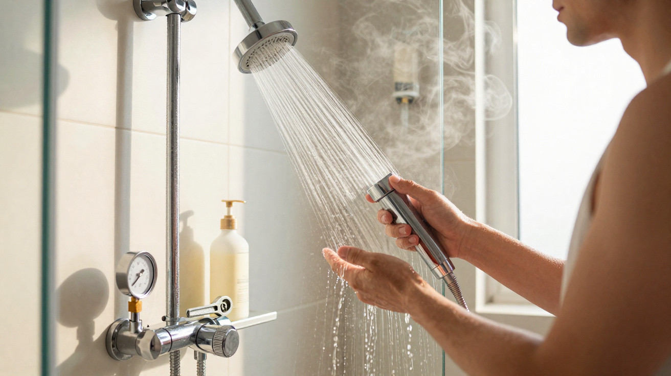 Person testing water temperature from a showerhead with steam rising in a tiled bathroom.