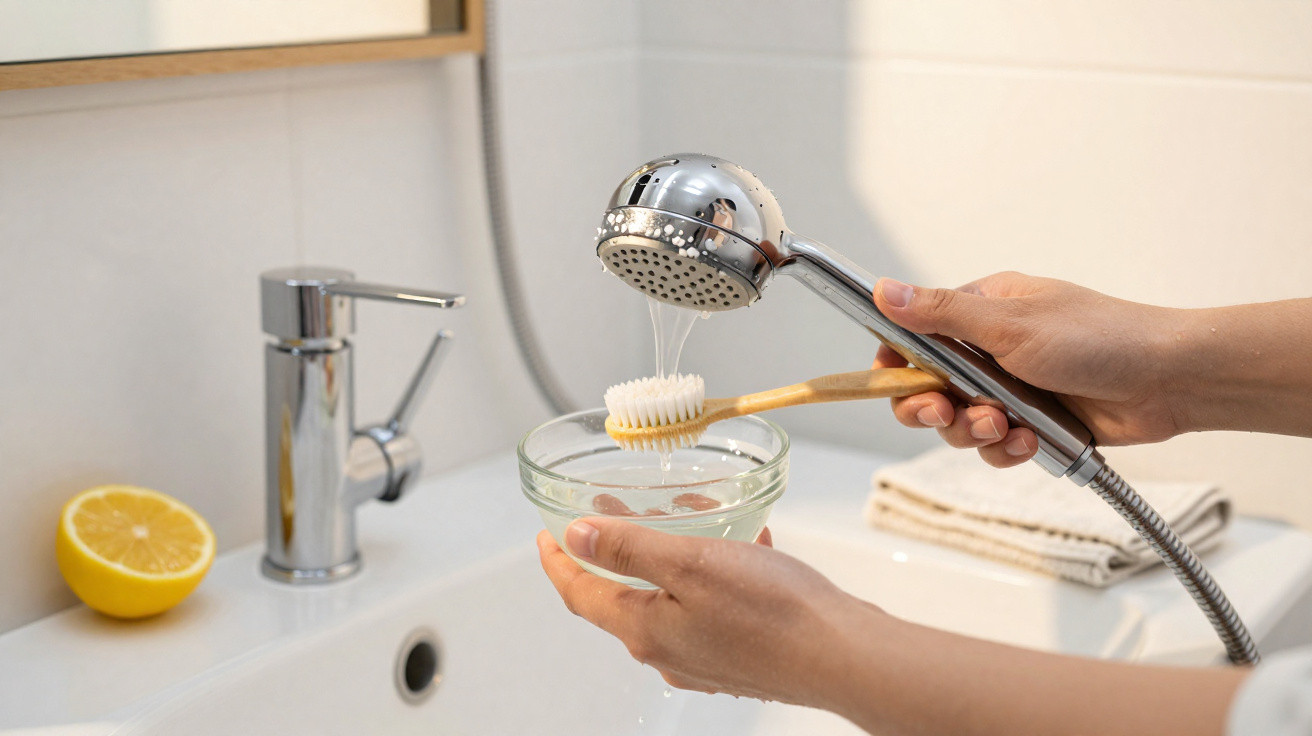Person rinsing a bamboo toothbrush with water from a shower head over a glass bowl in a bathroom sink.