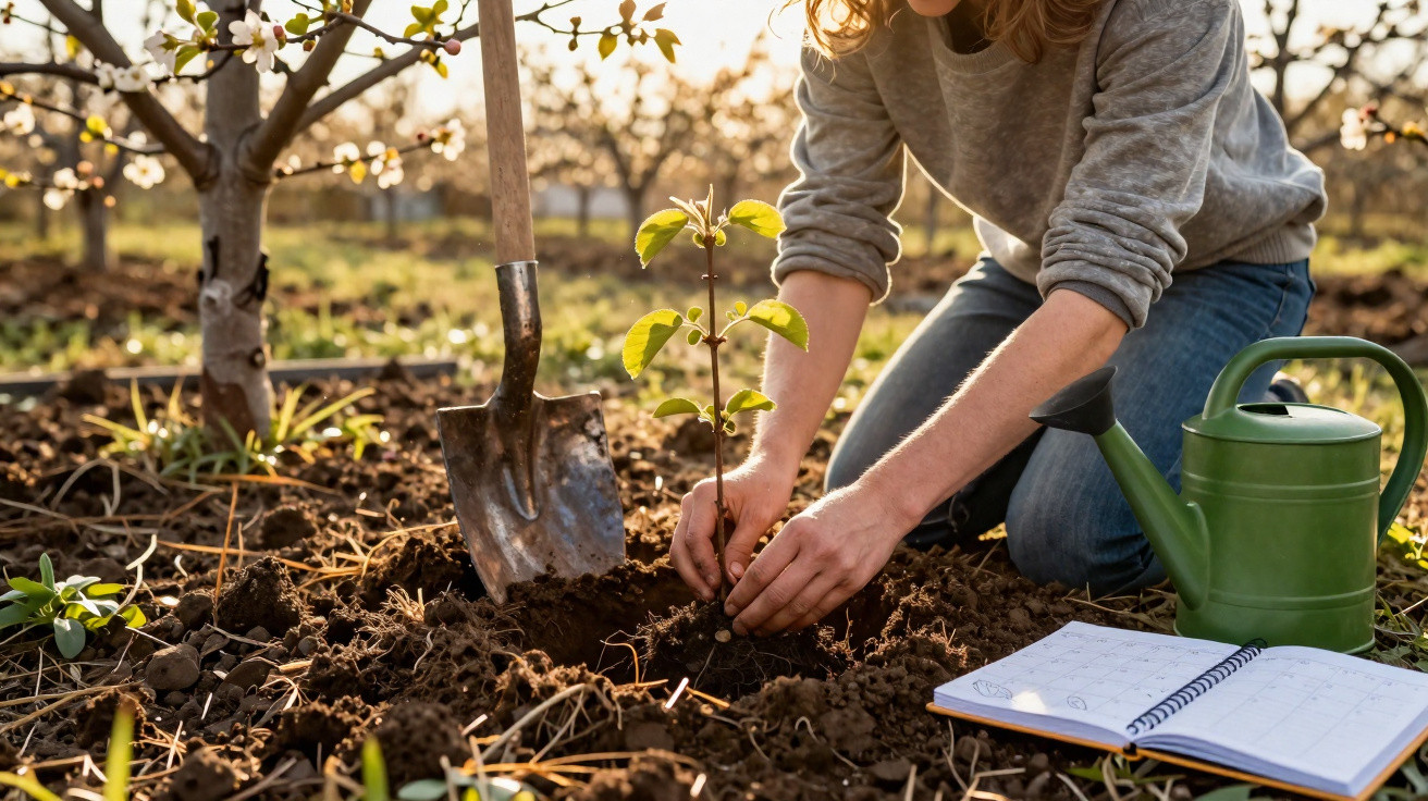 Person planting a young sapling in soil with a gardening shovel, watering can, and notebook nearby.