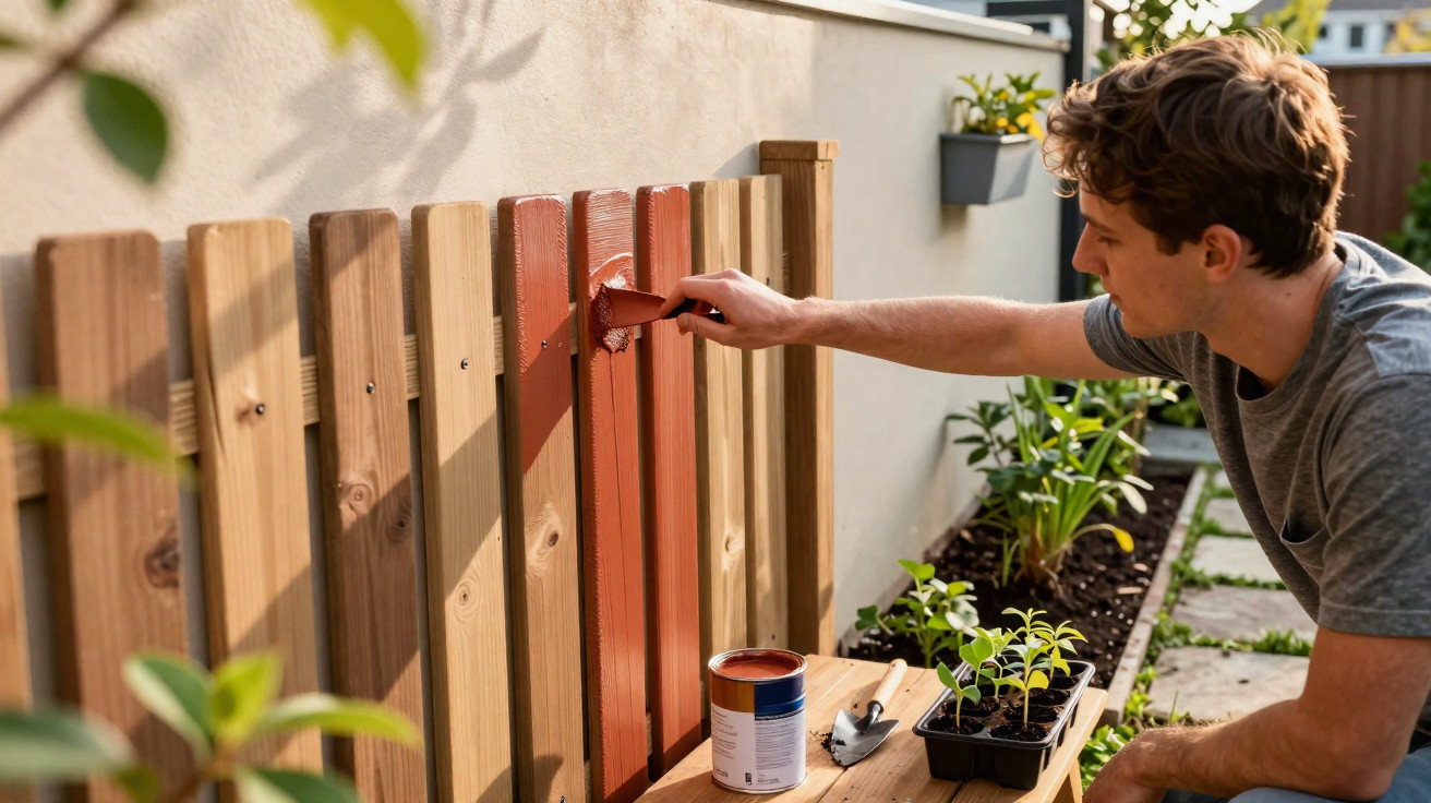 Man painting wooden fence panels brown in a garden with plants and gardening tools nearby.