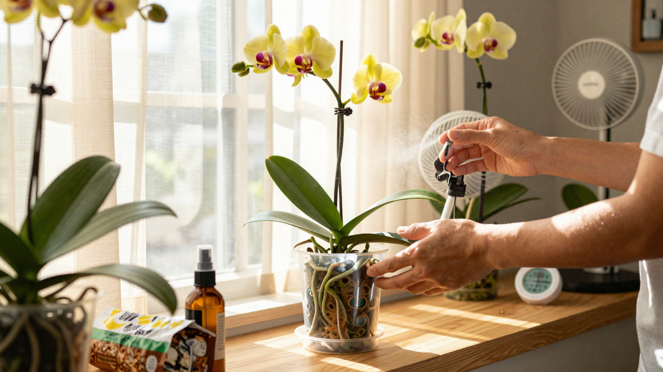 Person misting yellow orchids in clear pots on a sunlit wooden windowsill with fans in the background