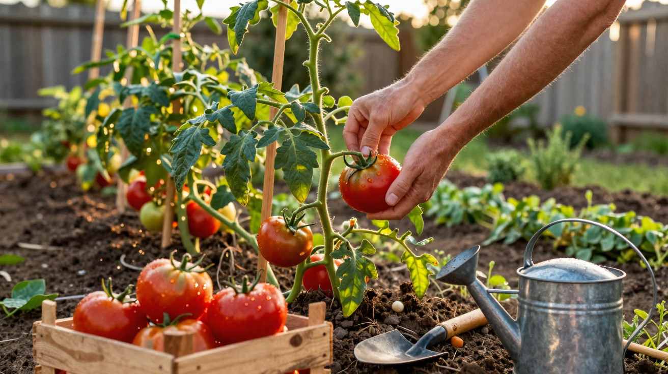 Hands harvesting ripe tomatoes from a garden plant with a crate, watering can, and small gardening tools nearby.