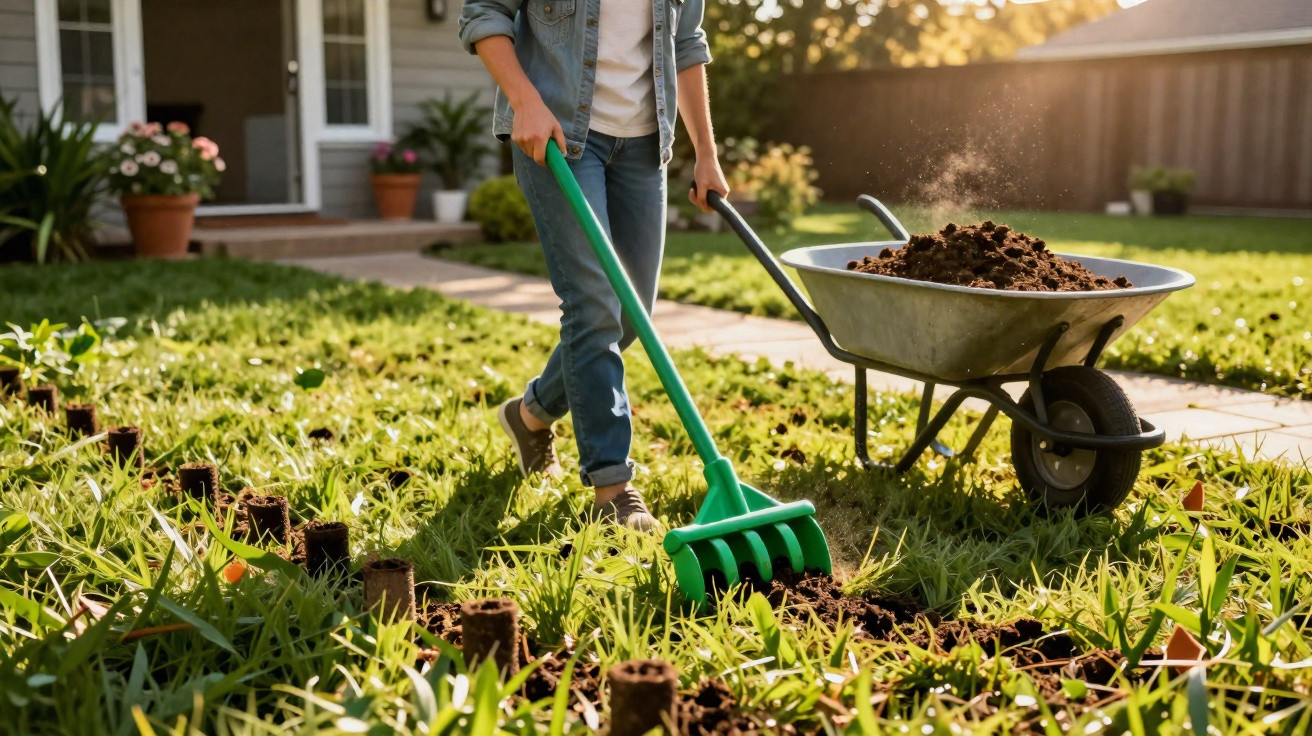 Person using a green garden rake to loosen soil next to a wheelbarrow full of dirt in a backyard garden.